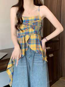 Retro Checkered Camisole, Dopamine Vibes, Sweet & Spicy Asymmetrical Crop Top, Summer
