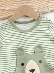 2件套男宝宝可爱小熊图案口袋条纹短袖T恤和运动裤休闲套装，适合春夏穿着 - 橄欖綠 - 查看 4