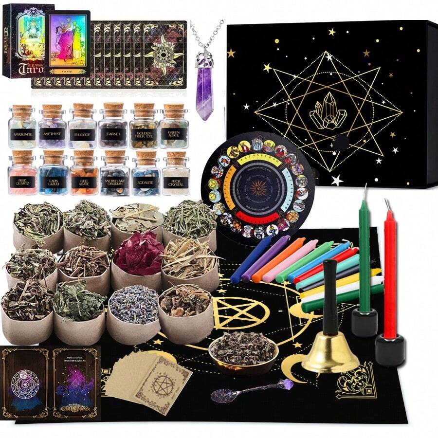 135pcs/Set Crytstal Tarot Witchcraft Supplies Kit For Witch Altar Spell Candles Witches Crystals Jars Spells Beginner Box Starter Crystal Wish Bottles Set - 黑色 - 查看 1