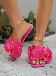 New Women's Black Spring/Summer Fashion Party & Vacation Ruffle Decor Platform Sandals, Outdoor Comfortable Versatile Square Toe Soft Flat Slippers