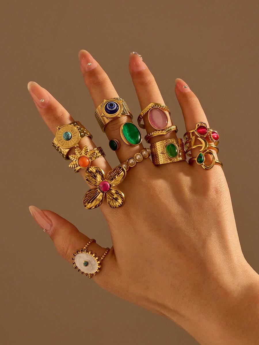 1件/2件/4件/6件/8件/10件装不锈钢镀金彩色宝石戒指套装，随机搭配 - 多色 - 查看 1