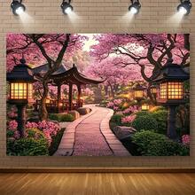 1pc, Oriental Cherry Blossom Garden Wall Tapestry - Vibrant Japanese Scenery, Blooming Cherry Blossoms, Traditional Pagodas And Lanterns, Lightweight Polyester Fiber, Easy For Home Decoration, Parties And Photography Settings