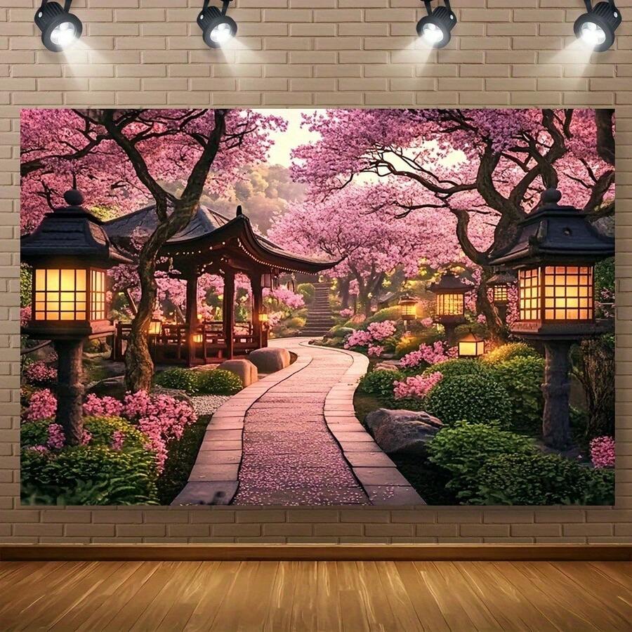 1pc, Oriental Cherry Blossom Garden Wall Tapestry - Vibrant Japanese Scenery, Blooming Cherry Blossoms, Traditional Pagodas And Lanterns, Lightweight Polyester Fiber, Easy For Home Decoration, Parties And Photography Settings