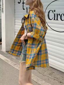 1 件女士休闲格子涤纶纽扣口袋户外格子百搭衬衫，夏季日常穿着