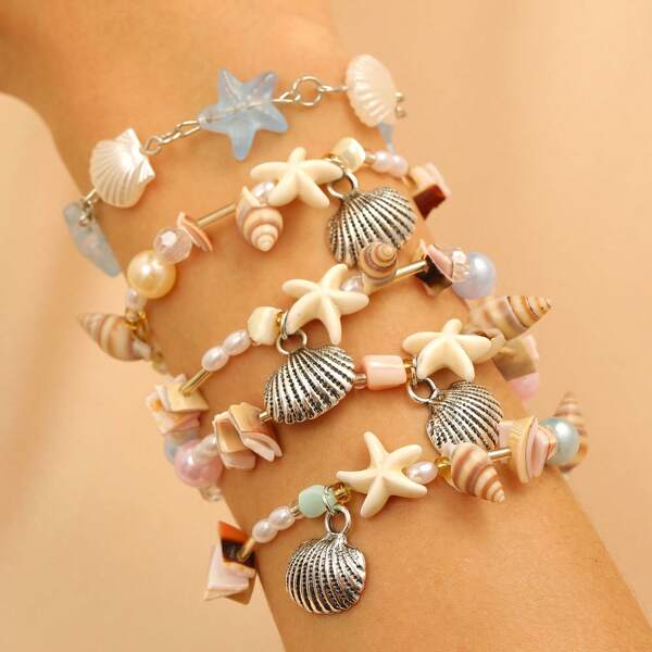 1 Stück Armband mit Seestern, Muschel, Naturstein Stickerei, Mode, Farbig, Perlen, Schmuck für die Hand