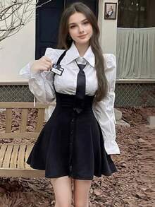 1pc Sweet & Fresh Feminine Academic Style Puff Sleeve Shirt And Suspender Skirt JK Uniform Set Including Tie, Suitable For Photo Shooting, Graduation Season Outfit Halloween - Black and White - View 10