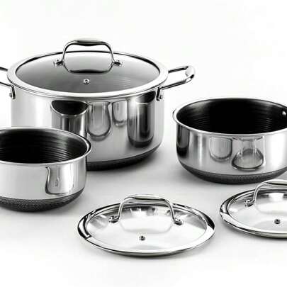 HexClad Hybrid Nonstick 6-Piece Pot Set, 2, 3, And 8-Litre Pots With Tempered Glass Lids, Stay-Cool Handles, Dishwasher-Friendly, Induction Ready, Com