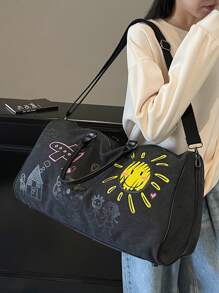 Thickened Canvas Cartoon Graffiti With Childlike Patterns, Wear-Resistant, Multi-Level, Large Capacity, Ultra Light, Foldable, Multifunctional, Zippered Shoulder Crossbody Handbag, Travel Bag, Luggage Bag Bag For School School Accessories School Stuff