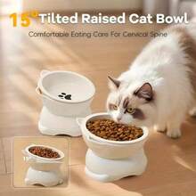 1 Set Of Detachable 15 Degree Tilted Water Bowl And Food Ceramic Bowl, Ceramic Cat Food Bowl, Elevated Cat Food Bowl, Adjustable Cat Food Bowl, High Edge Cat Bowl, Pet Cutlery, Cute Cartoon Design, Dual-Use Design, Stable Base, Not Easy To Flip Over, Easy To Clean, Detachable And Washable, Suitable For Indoor Cats, Small Dogs And Small Pets To Drink And Eat Pet Feeding Bowls, Protecting Your Pet's Spine And Preventing Backflow. - Blue - View 3