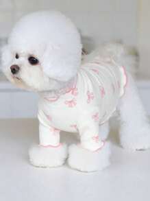 1 pieza Ropa para perros/gatos, con estampado de todo el Body y corbata de moño rosa, suéter tejido transpirable y cómodo, adecuado para poodle, chihuahua, teddy, primavera/otoño