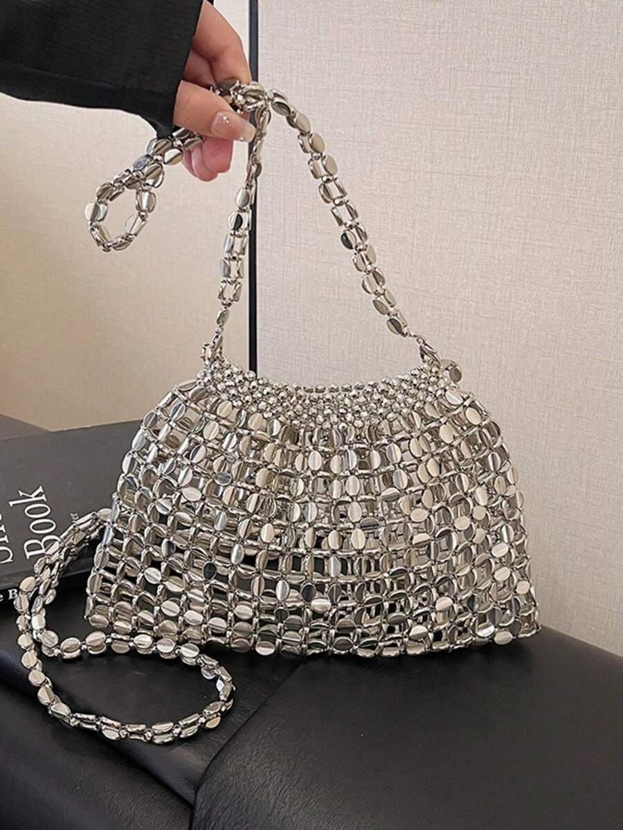 Tas Bahu/Selempang Modis Buatan Tangan dengan Desain Unik, Anyaman Manik-Manik Berongga, Ukuran Besar, Elegan - Perak - View 1