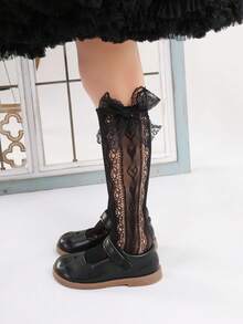 2 Cặp tất lưới Jacquard ren nơ trái tim dễ thương cho bé gái/trẻ mới biết đi, thích hợp cho bé gái vào mùa hè - màu đen - Xem 5