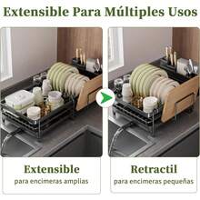 Escurridor de platos de acero inoxidable, escurridor de platos expandible con sistema de drenaje automático, estantes de fregadero de cocina para vasos que sostienen utensilios y tablas de cortar - 1 - Ver 4