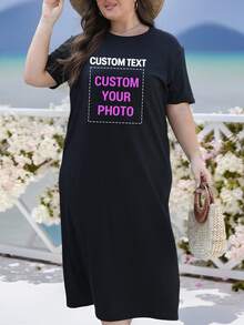 Customized Photo Print Casual Dress For Women, Personalized Couple/Lover/Family/Friend/Pet Image, Comfortable Loose Plus Size Long Dress, Graphic T-Shirt Dress, Gift For Her, Autumn Top, Anniversary Gift, Valentine's Gift, Birthday Gift, Wedding Gift, Best Friend Gift - Black - View 1