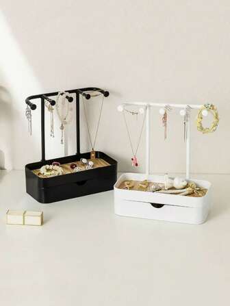 1 Piece Elegant Double Layer Jewelry Storage Rack With Stylish Wooden Base, Smooth Polished Surface, Modern Rectangular Design, Perfect For Desktop Organization, Multifunctional Hanging Storage Solution For Necklaces, Bracelets, Earrings, Rings, And Watches, Includes Convenient Hooks, Ideal Jewelry Storage For Home Use, Perfect For Holiday Gifting, Back To School Essentials, Christmas, Thanksgiving, New Year, And Valentine's Day Celebrations.