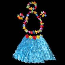 1 Set Falda de hierba estilo hawaiano, regalos creativos de fiesta hawaiana, decoraciones de fiesta, falda de hierba, corona de flores personales, decoraciones de fiesta hawaiana, collar, diadema y pulsera de flores (color de la flor aleatorio) - falda elegante - Ver 13