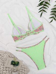 热带印花比基尼套装，带钢圈和流苏装饰，是夏季海滩度假的完美之选 - 綠色 - 查看 5