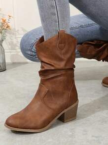 Ruched Women's Ankle Boots, Western Style High Heel Boots, Chunky Heel, Versatile