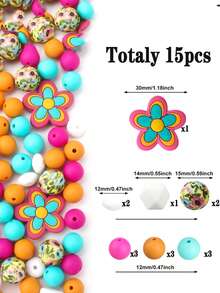 [15 件/30 件波西米亚花卉硅胶珠] 15 件/30 件硅胶珠套装，波西米亚花卉主题，用于珠宝制作、串珠笔、手链和钥匙扣制作的装饰珠 - 彩色 - 查看 15
