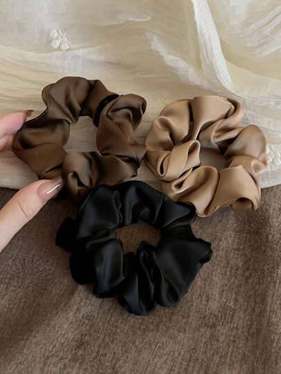 3pcs Women 3.39in Vintage French Soft Satin Hair Scrunchies Set In Black, Brown, Khaki, Elegant And Simple Minimalist Solid Color Hair Ties, Suitable For Daily Commuting, Leisure, Party, Bun, Ponytail, Makeup, Accessory Coordination Scrunchy Hair Ties Head Accessories Elastic Band