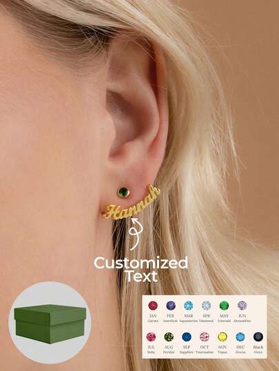 2 piezas de pendientes de presilla personalizada con nombre y 2 pendientes de brazalete con piedra de nacimiento y dije con nombre como regalo de cumpleaños, diseño minimalista