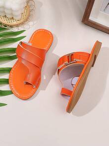 1 Pair Plus Size Toddler Girls' Fashion Metallic Buckle Decor Flat Sandals, Solid Color PU Splicing Material, Comfortable Non-Slip Beach Shoes, Suitable For 3-15 Years Old Boys & Girls, Casual, Party, Travel, Spring/Summer 2025