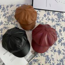 1 件纯色 PU 八角形英伦风格复古休闲帽 - 黑色 - 查看 5