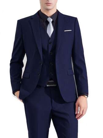 Plus Size Men's 3 PiecesSuit Set For Wedding, Includes Wine Red Jacket, Pants And Vest, Slim Fit Luxury Formal Attire For Groom, Autumn Wedding Party