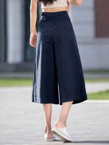 Plus Size Women Summer Pants, Casual Fabric Solid Color With Pockets, Loose Fit Wide Leg Capri Pants, Suitable For Daily Casual, Outdoor And Resort Wear, Minimalist Style