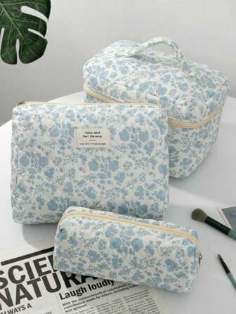 1 件白色兰花绗缝白色拉链袋化妆包，时尚休闲大容量便携式拉链化妆包，旅行度假必备化妆包，可装卫生巾、护垫、有线耳机、耳机、充电器、口红、化妆品、香水、护肤品和美容产品、家居装饰、适合妈妈、女士、护士、学生、女学生、钥匙、节日礼物、适合度假海滩、浴室收藏、卧室收藏，大容量