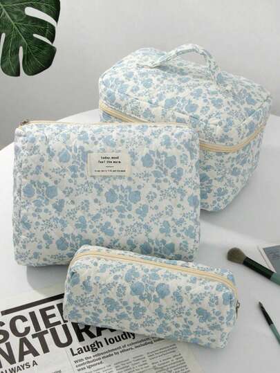 1 件白色兰花绗缝白色拉链袋化妆包，时尚休闲大容量便携式拉链化妆包，旅行度假必备化妆包，可装卫生巾、护垫、有线耳机、耳机、充电器、口红、化妆品、香水、护肤品和美容产品、家居装饰、适合妈妈、女士、护士、学生、女学生、钥匙、节日礼物、适合度假海滩、浴室收藏、卧室收藏，大容量