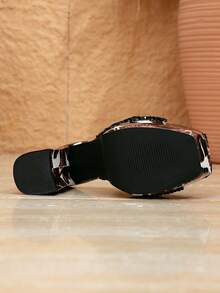 Square Toe Chunky Heel Sandals, Fashionable Versatile High-End Waterproof Platform Rhinestone Embellished Tropical Print High Heels For Women - Multicolor - View 7