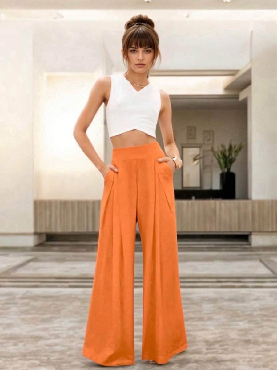 Pantalón Casual Holgado con Bolsas para Mujer - Naranja - Ver 1