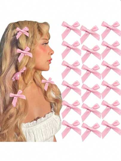 6/15个粉色丝带蝴蝶结发夹，时尚丝绒小发卡，甜美可爱的女士配饰，适合上学、优雅、大学、冬季穿搭、蝴蝶结、可爱、高贵、少女、圣诞礼物、发饰、情人节配饰、头部配饰、夏季、节日、旅行
