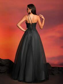 VIPGIRL Vestido largo de línea A asimétrico y elegante en negro, con un corpiño ajustado con cuentas y una abertura alta, vestido de noche formal, vestido de bola para mujer, vestido de fiesta, vestido para invitada de boda - Negro - Ver 3