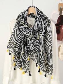1pc Lightweight Zebra Print Tassel Scarf, Spring/Autumn Travel Holiday Sun Protection Wrap Shawl For Dress - Multicolor - View 2