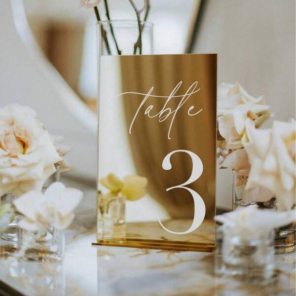 Gold Acrylic Mirror Number Table Signs, 12*18CM Wedding Table Numbers With Stands