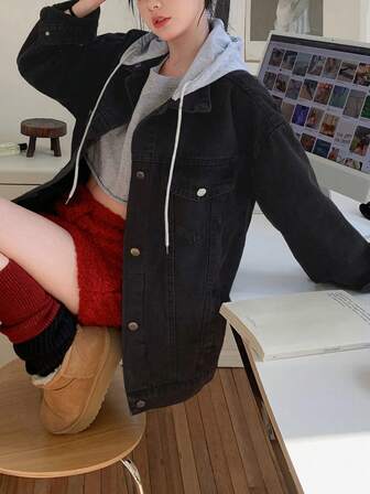 女式连帽牛仔夹克，宽松休闲长袖上衣，时尚ins风，适合春秋冬