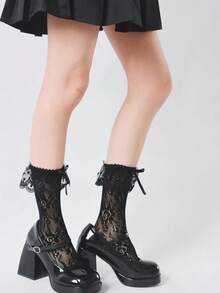 1 Pair Women's Japanese Lolita Style Floral & Polka Dot Bow Trim Short Socks - Multicolor - View 5