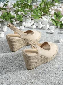 Sandal đế xuồng hở mũi đế dày dệt cao gót thời trang thường ngày - Nhung mơ - Xem 6
