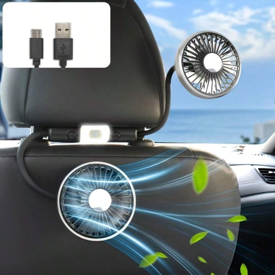 Dual-Head Car Seat Fan With Flexible Hose - USB-Powered, 360° Rotating Adjustable Speed, Strong Airflow, Portable Cooling Fan For Cars, SUVs, And RVs, Portable Fan|360° Rotating Fan Adjustable Speed Fan - màu đen - Xem 1