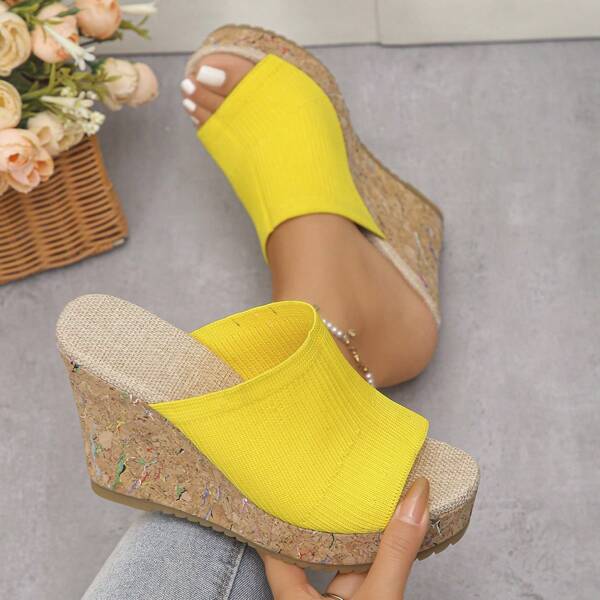 Fashionable Colorful Cork Print Slip On 4.1 Inch/10.5cm High Wedge Platform Sandals