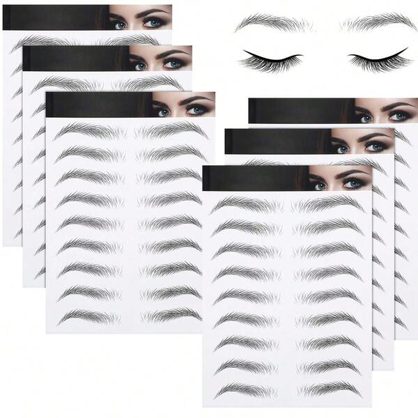 6 Pcs 4D Hair-Like Waterproof Eyebrow Tattoo Stickers Removable Temporary Eyebrow Tattoo Beauty Shaping Stickers, Arch Style, 66 Pairs Black (High Arch)