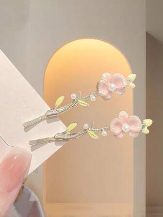 Floral Print Boho Style Zinc Alloy Pink Ethereal Faux Pearl Flower One-Piece Clip, Side Bangs & Hair Clip, High-End Elegant Hair Accessory For Women Claw Clips Hair Claws Hair Barrettes