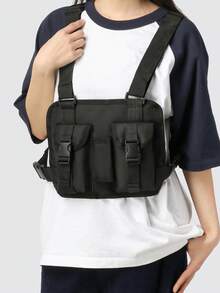 Bolso de pecho, Mochila para hombres, Bolso tipo chaleco, Bolso de pecho estilo deportivo callejero, Chaleco multifuncional con bolsillo - Negro - Ver 4