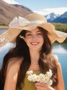 1 Peça Chapéu de Palha de Abas Largas Bege e Caqui Dobrável para Mulheres - Chapéu de Praia de Verão Elegante Boêmio com Detalhes em Renda, Design Fácil de Empacotar para o Dia das Mães, Passeios Casuais, Viagens e Atividades ao Ar Livre | Fita para o Queixo Ajustável Bicolor, Proteção UV Leve e Respirável