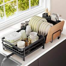 Escurridor de platos de acero inoxidable, escurridor de platos expandible con sistema de drenaje automático, estantes de fregadero de cocina para vasos que sostienen utensilios y tablas de cortar - 1 - Ver 7