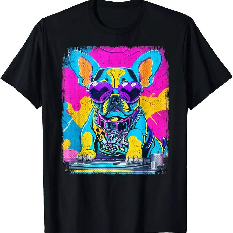 Airbrush Graffiti 90s DJ Analogue Turntable French Bulldog T-Shirt Camisetas - Đen 1 - Xem 1