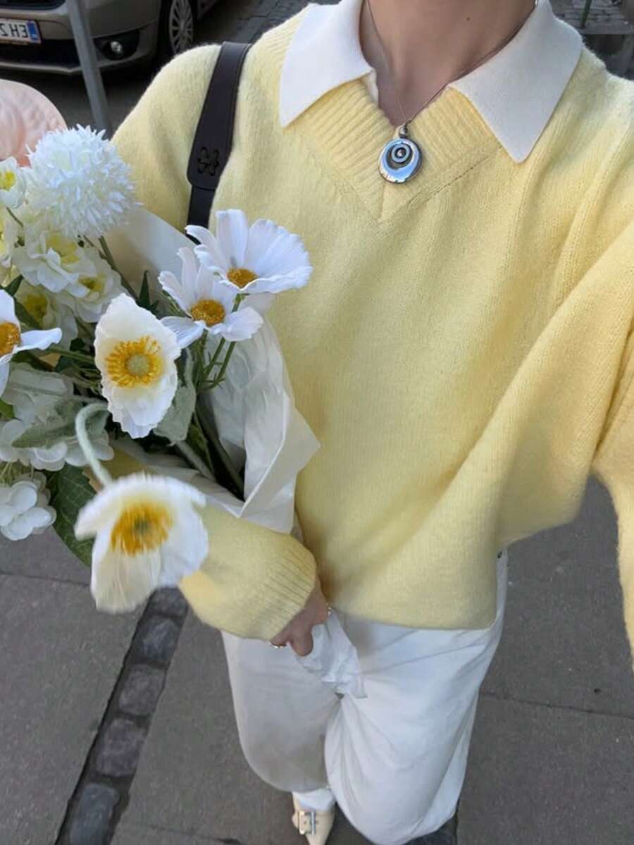 森雅女装秋冬新款乳黄色V领长袖针织毛衣简约宽松休闲日常毕业返校浪漫情人节套头衫上衣 - 黃色 - 查看 1