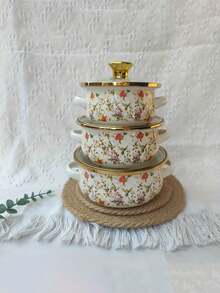 3pcs Enameled Retro Stickers Pot Set, 11.94/13.97/16.0 Cm, Cookware, Stew Pot, Kitchen, Dining, Home Food Storage And Storage, With Dual Handles Outdoor Kitchen Supplies - Portable Outdoor Picnic Camping Cookware, Cookware, Electric Stove, Suitable For Gas, Not Suitable For Microwave, Holiday Gift Set - Vintage Enamel Three-piece Set - View 7